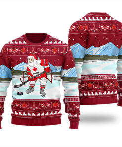 Santa Playing Hockey Canada Ugly Christmas Sweater Cardinal Red