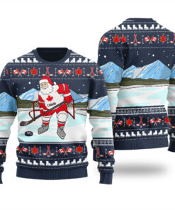 Santa Playing Hockey Canada Ugly Christmas Sweater Navy