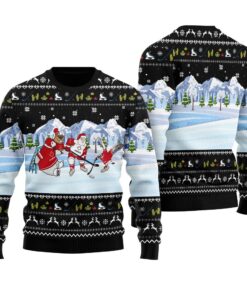 Santa Playing Hockey Funny Ugly Christmas Sweater