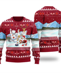 Santa Playing Hockey Funny Ugly Christmas Sweater Cardinal Red