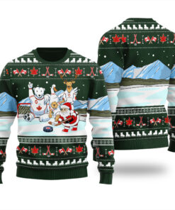 Santa Playing Hockey Funny Ugly Christmas Sweater Forest Green