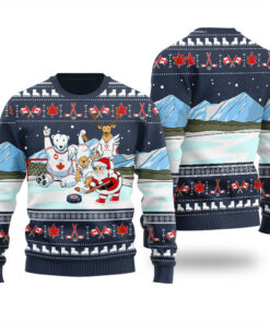 Santa Playing Hockey Funny Ugly Christmas Sweater Navy
