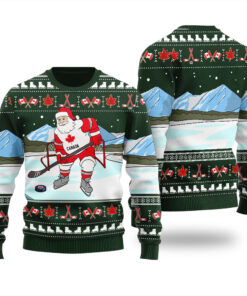 Santa Playing Hockey Ugly Christmas Sweater Forest Green