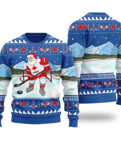 Santa Playing Hockey Ugly Christmas Sweater Royal