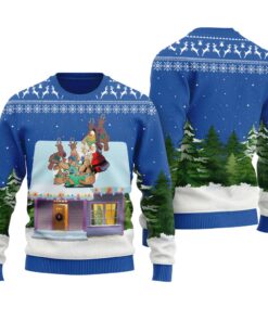 Santa Reindeer Playing Cards Together Ugly Sweater Royal