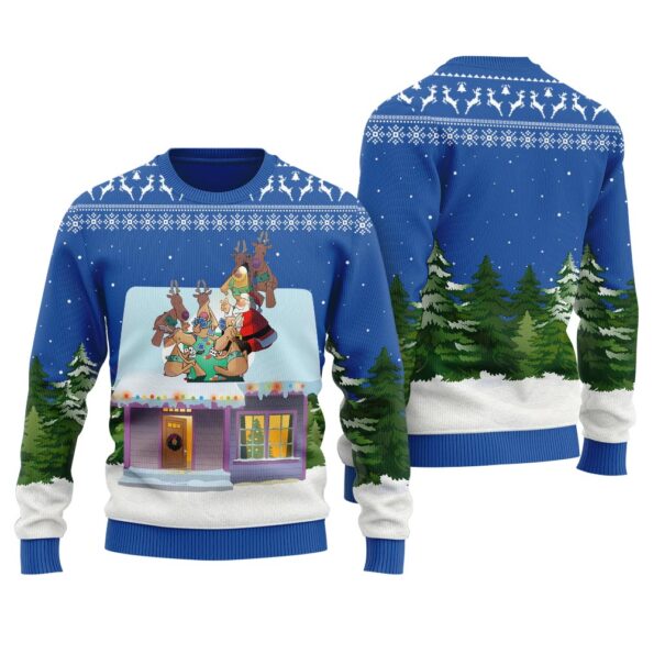 Santa Reindeer Playing Cards Together Ugly Sweater Royal