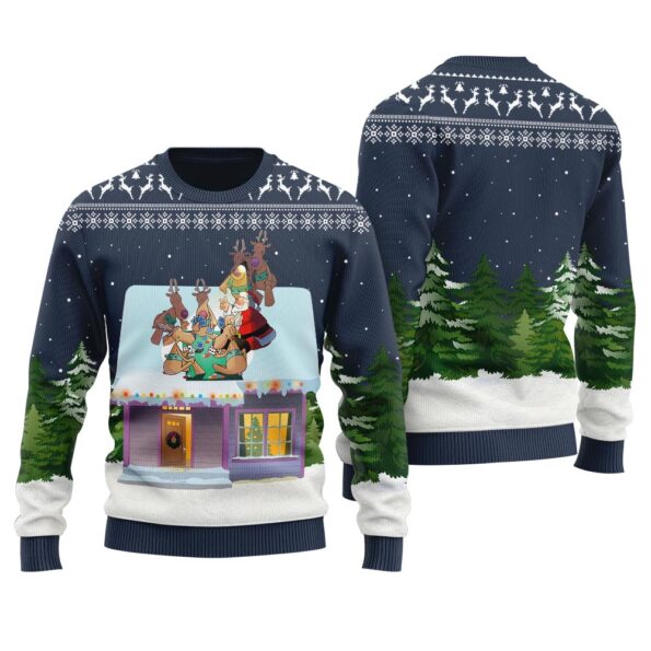 Santa Reindeer Playing Cards Ugly Christmas Sweater Navy