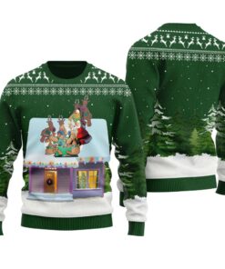 Santa Reindeer Playing Cards Ugly Sweater Forest Green