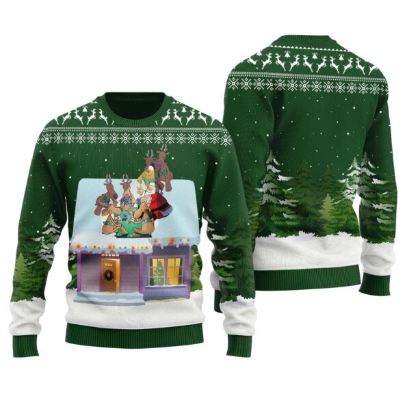 Santa Reindeer Playing Cards Ugly Sweater Forest Green