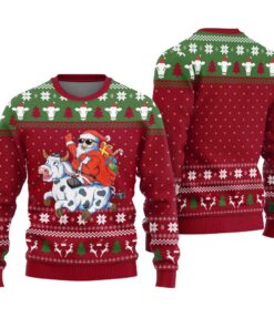 Santa Riding Cow Funny Ugly Christmas Sweater Cardinal Red