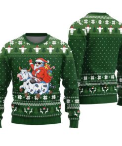 Santa Riding Cow Funny Ugly Christmas Sweater Forest Green