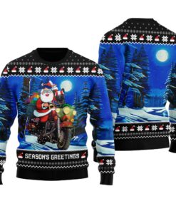 Santa Riding Motorbike Ugly Christmas Sweater Black