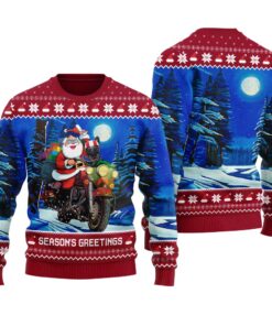 Santa Riding Motorbike Ugly Christmas Sweater Cardinal Red