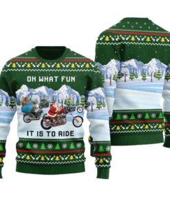 Santa Riding Motorbike Ugly Christmas Sweater Forest Green