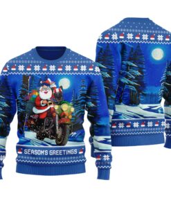 Santa Riding Motorbike Ugly Christmas Sweater Royal
