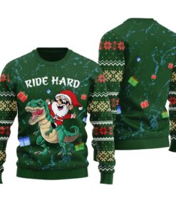 Santa Riding T-Rex Funny Ugly Christmas Sweater Forest Green