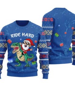 Santa Riding T-Rex Funny Ugly Christmas Sweater Royal