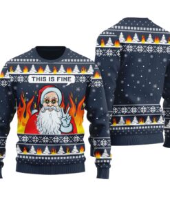 Santa Say Hi On Fire Ugly Christmas Sweater Navy