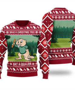 Save A Christmas Tree Eat A Beaver Ugly Christmas Sweater Cardinal Red