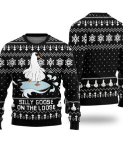 Silly Goose On the Loose Funny Ugly Christmas Sweater Black
