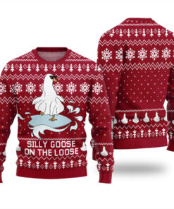 Silly Goose On the Loose Funny Ugly Christmas Sweater Cardinal Red