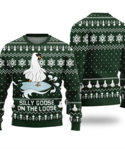 Silly Goose On the Loose Funny Ugly Christmas Sweater Forest Green