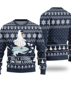 Silly Goose On the Loose Funny Ugly Christmas Sweater Navy