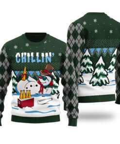 Snowman Drinking Beer Ugly Christmas Sweater Forest Green