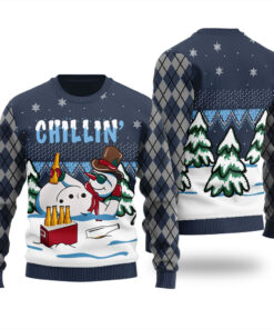 Snowman Drinking Beer Ugly Christmas Sweater Navy