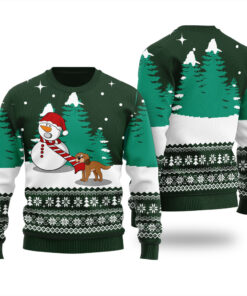 Snowman With Dog Funny Ugly Christmas Sweater Forest Green