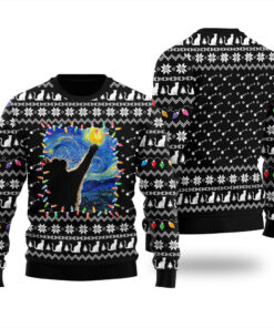 Starry Night Cat Ugly Christmas Sweater Black