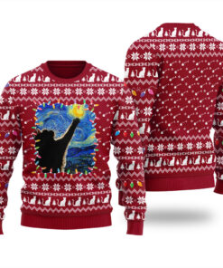 Starry Night Cat Ugly Christmas Sweater Cardinal Red