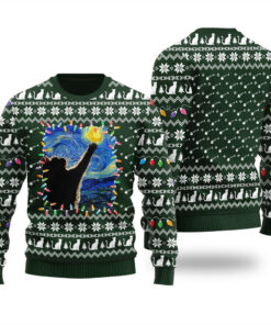 Starry Night Cat Ugly Christmas Sweater Forest Green