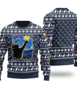 Starry Night Cat Ugly Christmas Sweater Navy