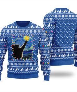Starry Night Cat Ugly Christmas Sweater Royal