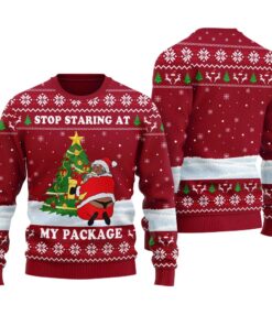 Stop Staring At My Package Christmas Sweater Cardinal Red