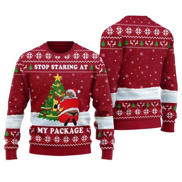 Stop Staring At My Package Christmas Sweater Cardinal Red