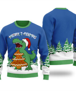 T-Rex And Christmas Tree Cookies Ugly Sweater Royal