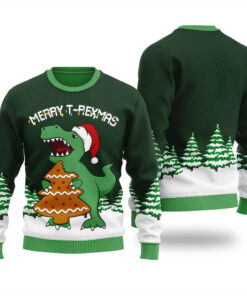 T-Rex Christmas Cookies Christmas Sweater Forest Green