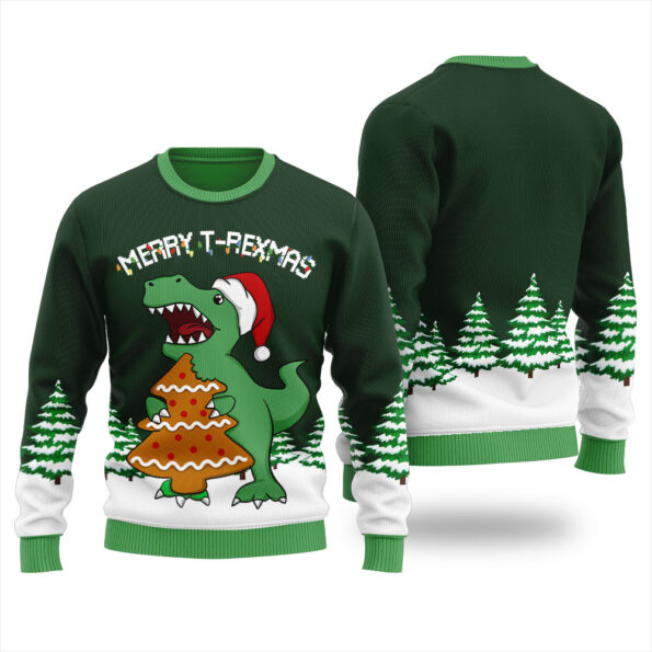 T-Rex Christmas Cookies Christmas Sweater Forest Green