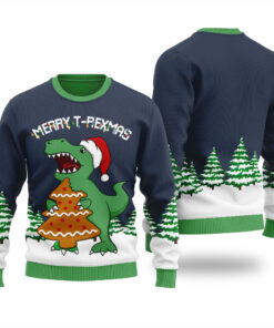 T-Rex Eating Christmas Cookies Christmas Sweater Navy