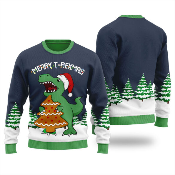 T-Rex Eating Christmas Cookies Christmas Sweater Navy