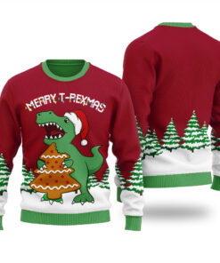 T-Rex Eating Christmas Cookies Ugly Sweater Cardinal Red