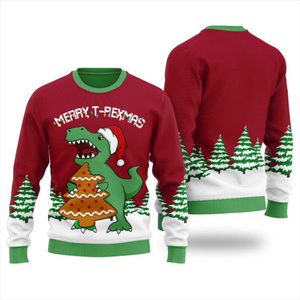 T-Rex Eating Christmas Cookies Ugly Sweater Cardinal Red