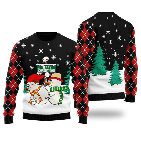 Tacky Snowman Couple Christmas Sweater Black