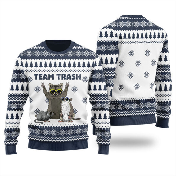 Team Trash Opossum Raccoon Rat Animals Garbage Ugly Christmas Sweater Navy