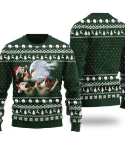 Three Possum Moon Ugly Christmas Sweater Forest Green