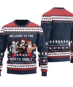 Welcome To North Swole Santa Snowman Reindeer Christmas Sweater Navy