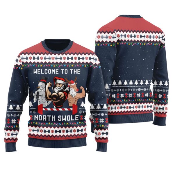 Welcome To North Swole Santa Snowman Reindeer Christmas Sweater Navy