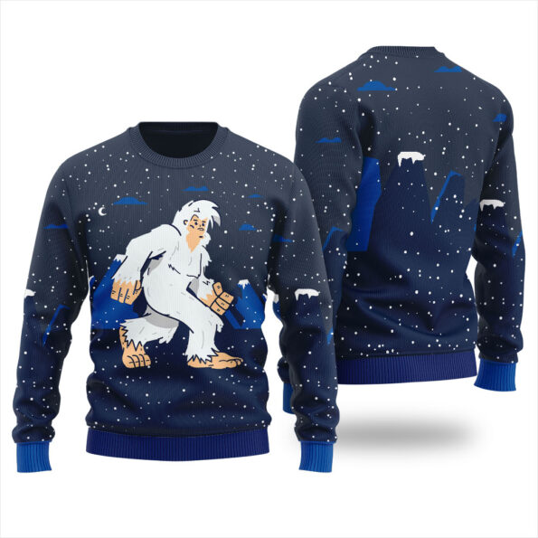 Yeti Abominable Snowman Ugly Christmas Sweater Navy
